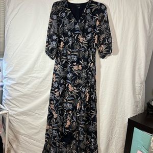 1. STATE Floral 3/4 Sleeve Faux Wrap Maxi Dress- Blue Peach Cream